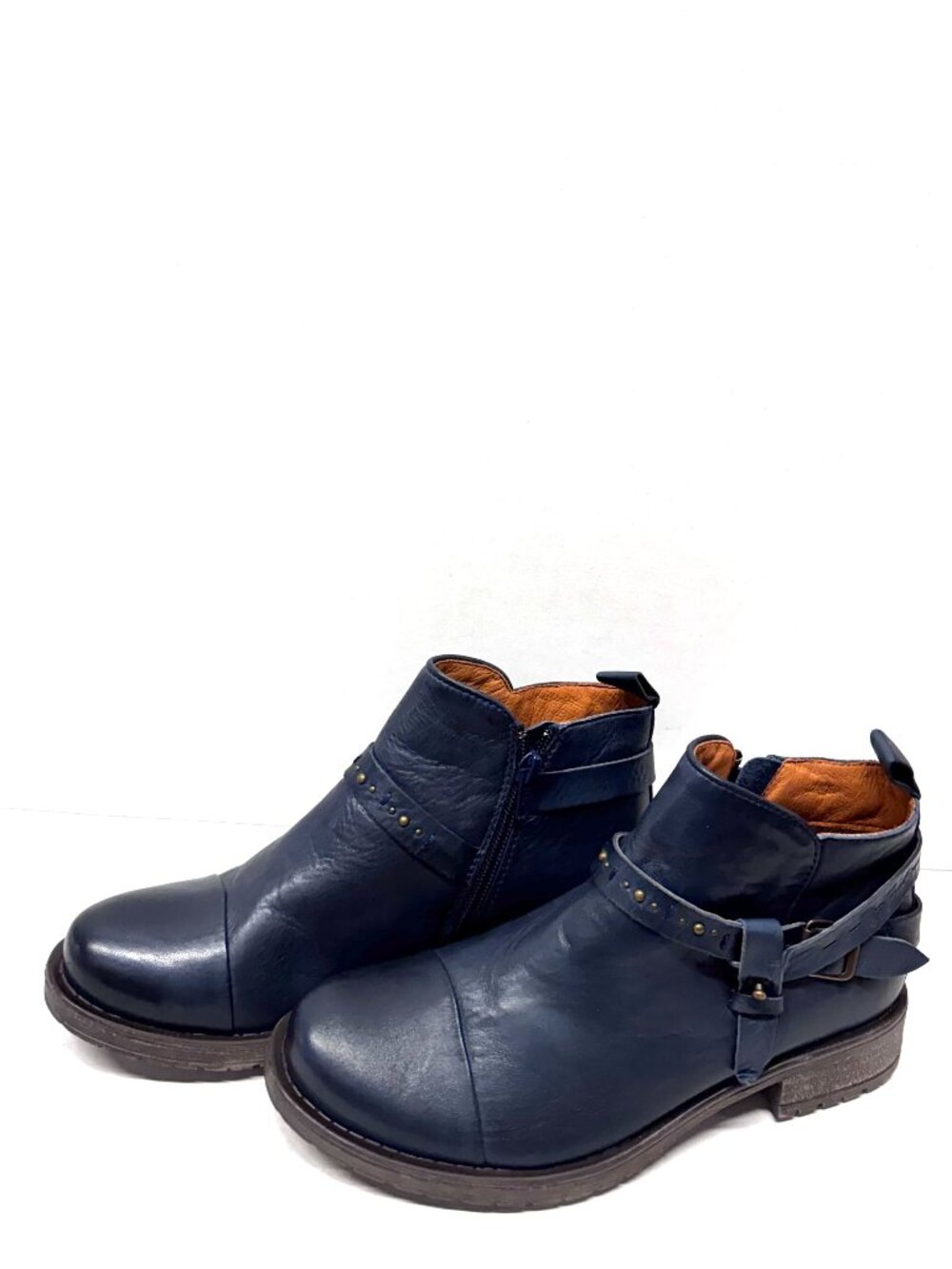 MIZ MOOZ LEATHER BUCKLE BOOTIE SIDE ZIP NAVY 37EU / 7US NEW B 68 - Picture 2 of 4